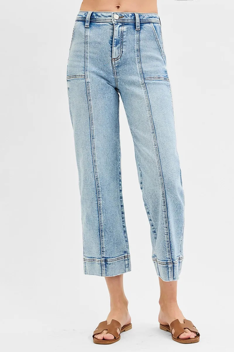Light Wash Wide Leg Jeans – High Waist Contrast Stitch Cropped Fit