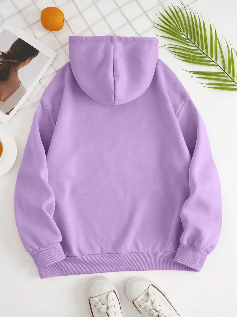Lavender drawstring dropped-shoulder hoodie back view with hood and ribbed cuffs
