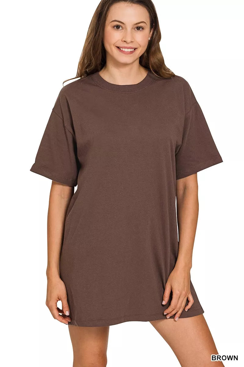 Zenana Oversized Tee Dress – Cotton Blend Crew Neck Casual Mini Dress