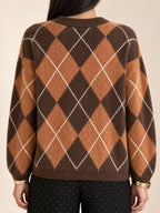 Fuzzy argyle knit sweater back view, brown with white diamond pattern, crew neckline.