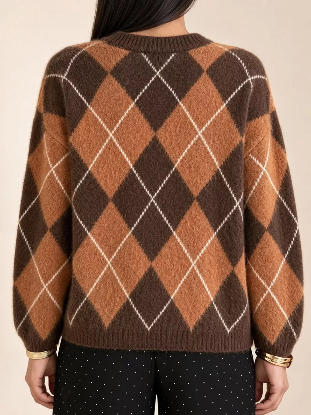 Fuzzy argyle knit sweater back view, brown with white diamond pattern, crew neckline.