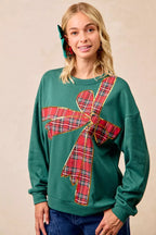 BiBi Plaid Ribbon Bow Christmas Fleece Pullover – Festive Cozy Holiday Top