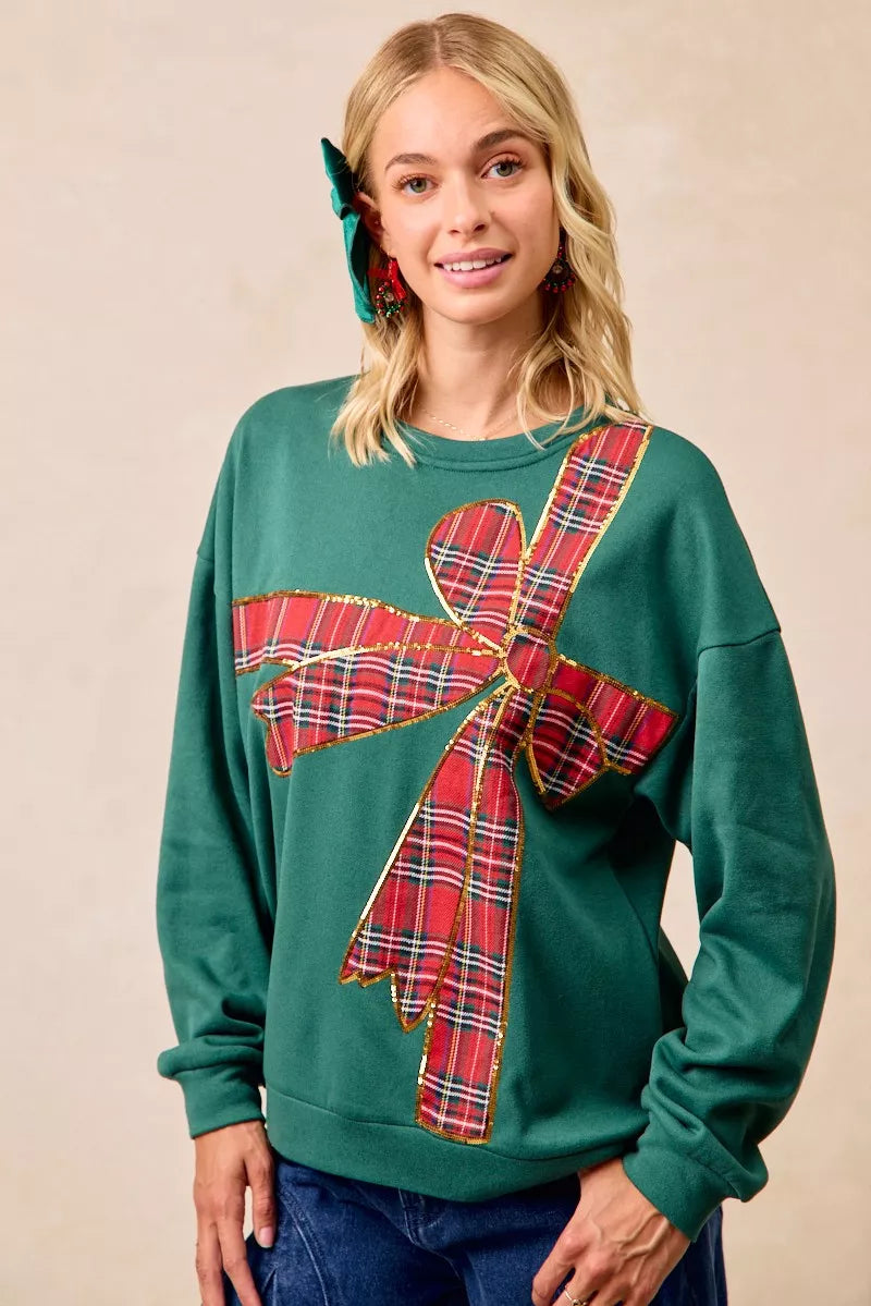 BiBi Plaid Ribbon Bow Christmas Fleece Pullover – Festive Cozy Holiday Top
