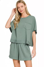 Boxy top and matching shorts set, heather jade green, crew neck, exposed seams