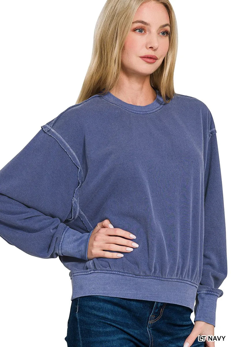 Zenana Soft Fleece Pigment Dye Round Neck Pullover