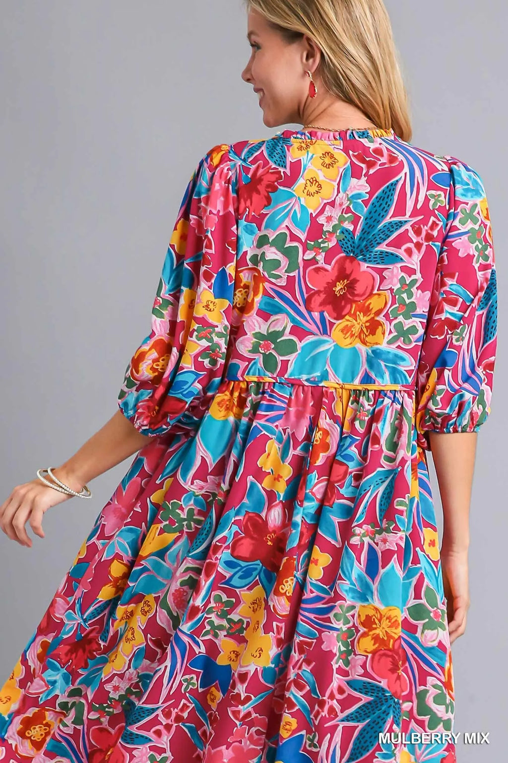Floral Print Tie Neck Midi Dress with Pockets – Elegant & Chic