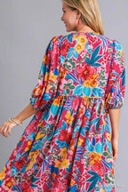 Floral Print Tie Neck Midi Dress with Pockets – Elegant & Chic