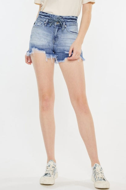 Kan Can High Rise Frayed Hem Denim Shorts