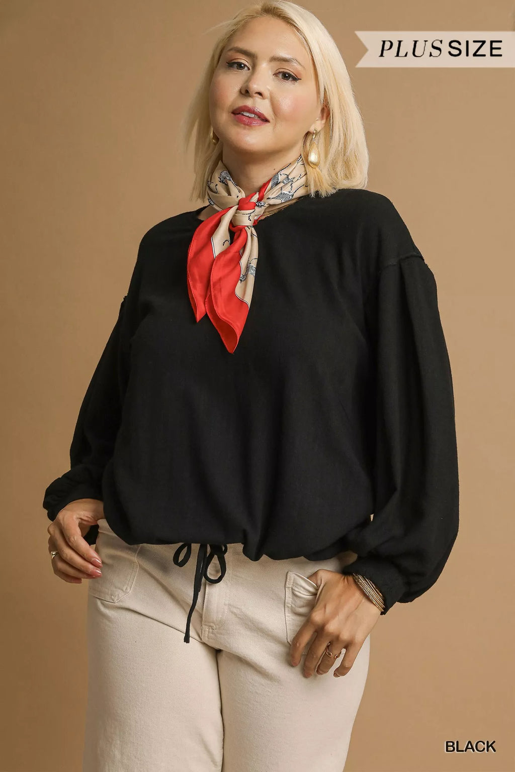 Linen Long Sleeve Top with Drawstring Detail Plus Women’s Versatile Shirt