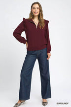 Umgee Luxeknit Ruffle Shoulder Quarter-Zip Sweatshirt – Chic & Cozy Style