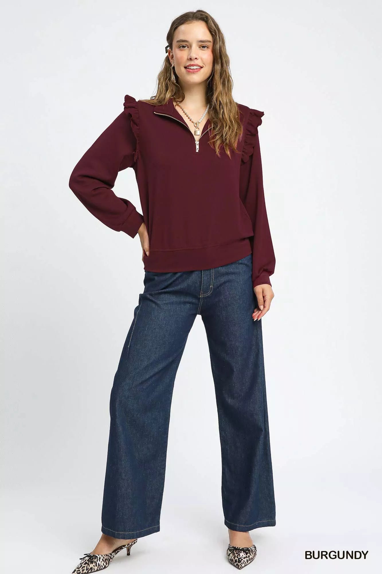Umgee Luxeknit Ruffle Shoulder Quarter-Zip Sweatshirt – Chic & Cozy Style