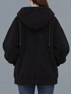 Black fleece zip-up hoodie, back view with hood and two front drawcords