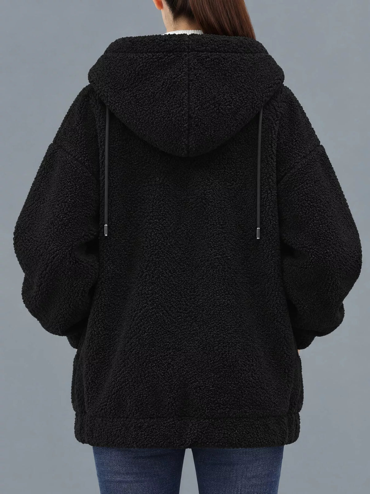Black fleece zip-up hoodie, back view with hood and two front drawcords