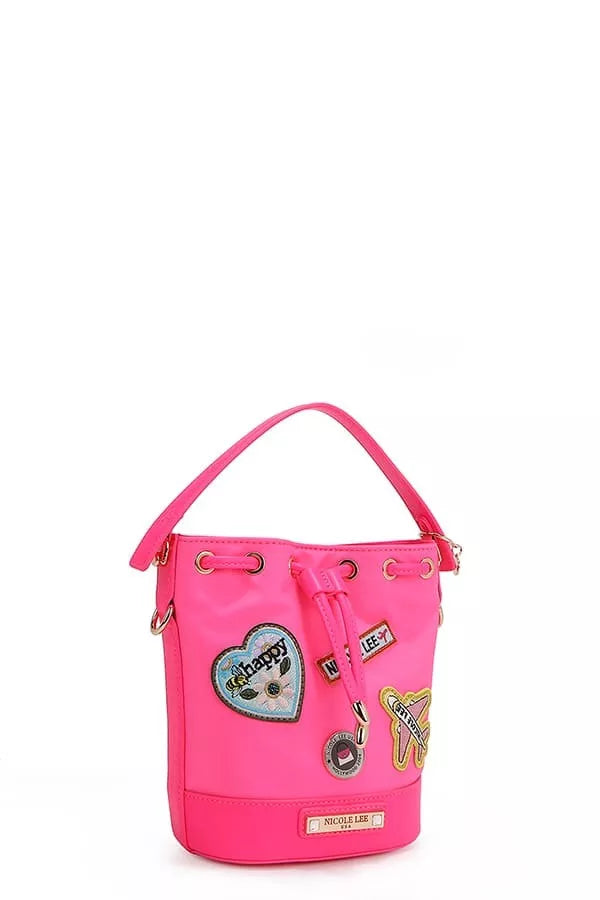 Red Bucket Crossbody Bag with Patches – Playful Street-Style Purse