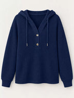 Navy waffle-knit button hoodie with hood, drawstrings, and front snap placket
