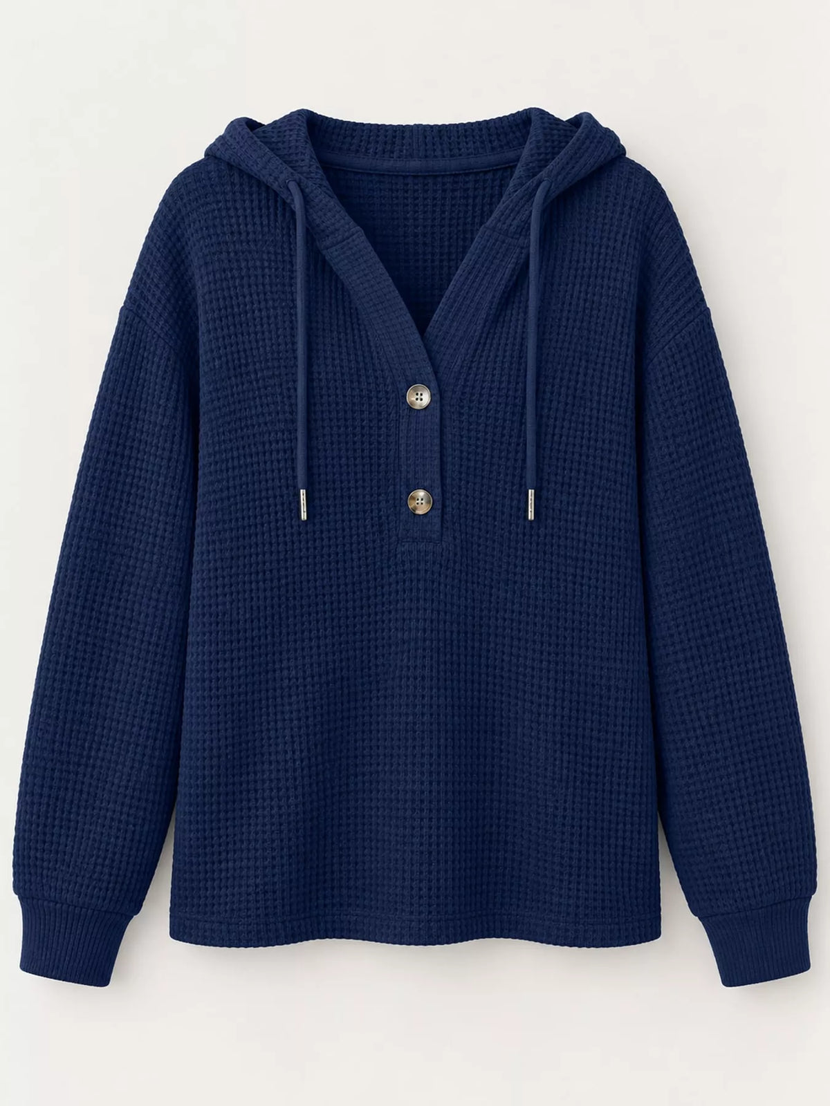 Navy waffle-knit button hoodie with hood, drawstrings, and front snap placket