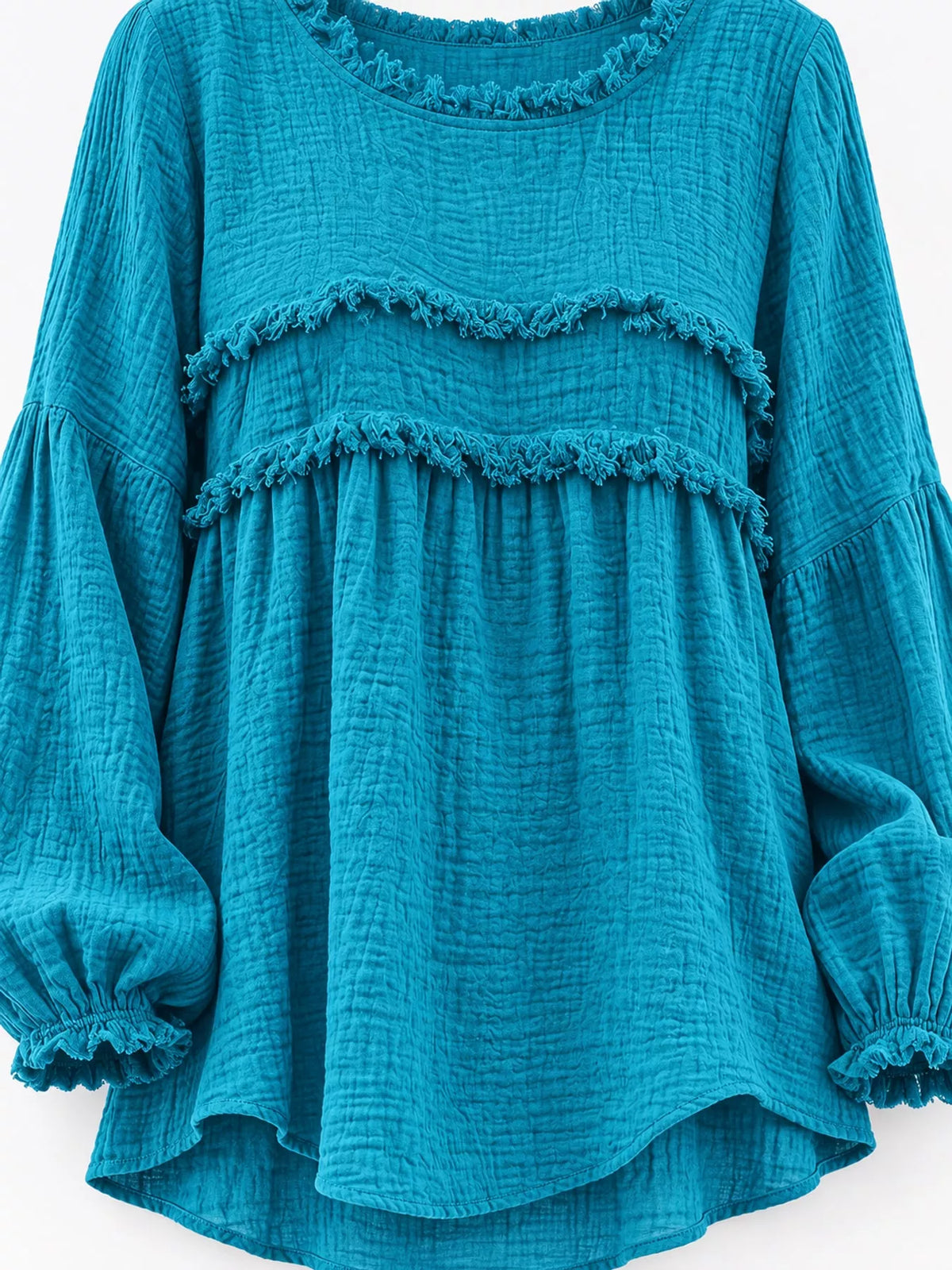 Teal peplum blouse top with frayed horizontal trim and balloon sleeves cuffs