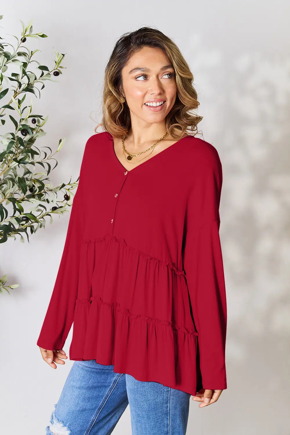 Half Button Ruffle Hem Blouse – Feminine, Flowy & Versatile