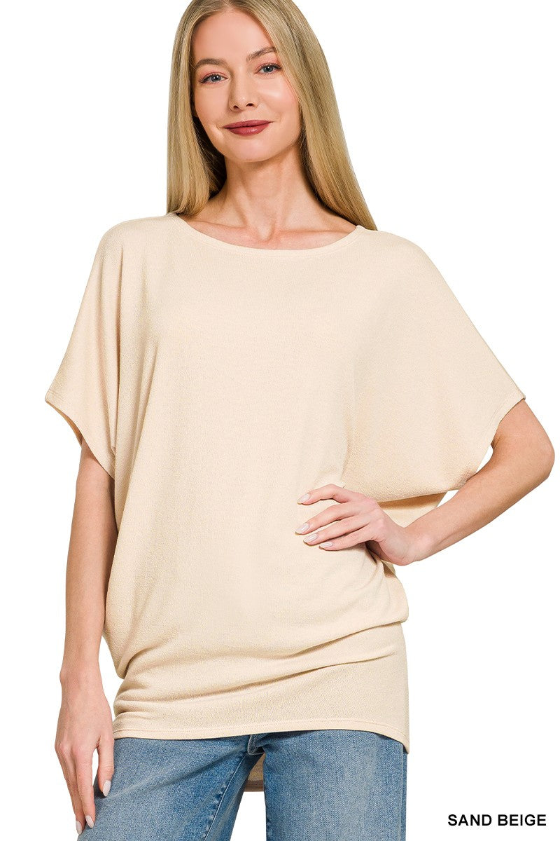 Sand beige hacci dolman sleeve boat neck top, loose wide neckline