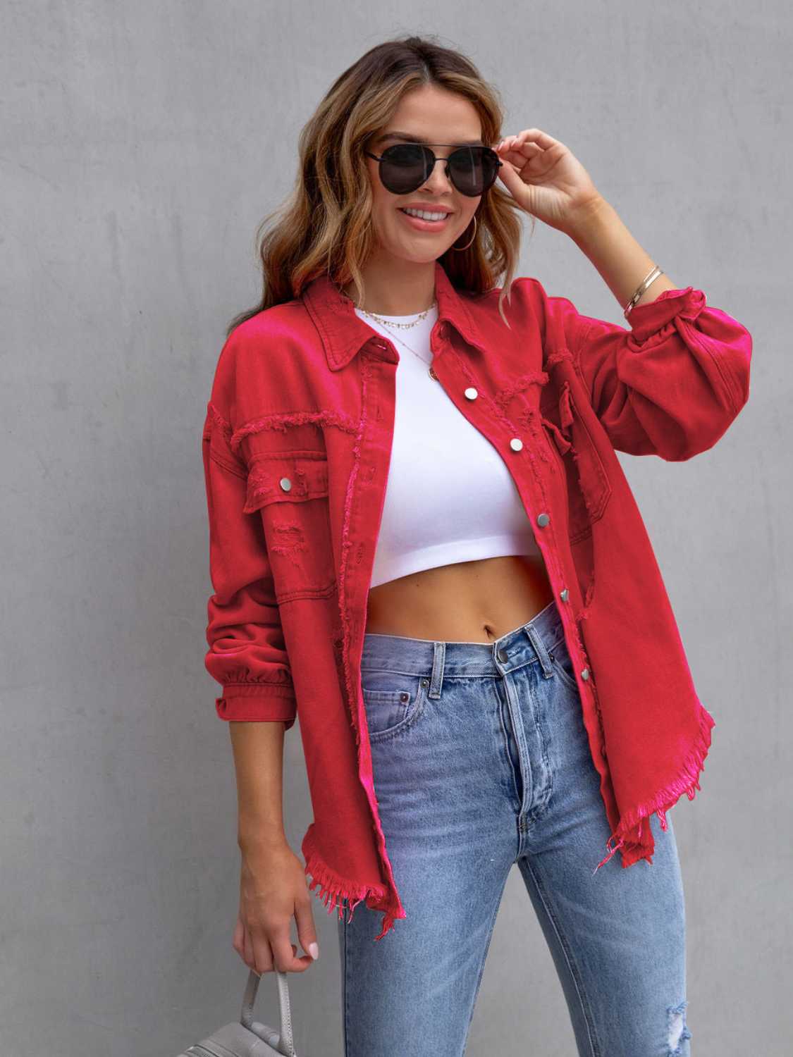 Distressed Drop Shoulder Denim Jacket – Casual Oversized Style