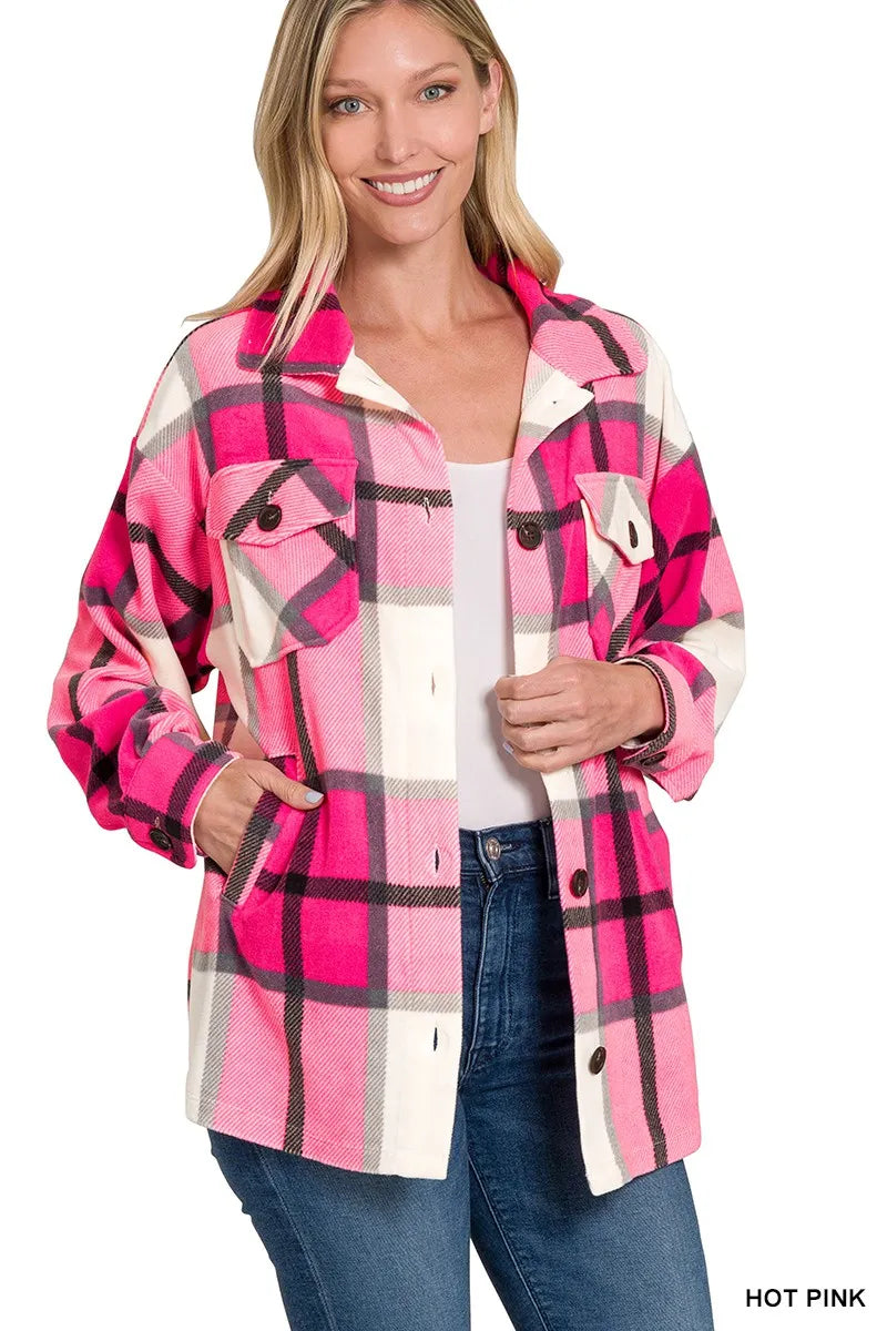 Pink Plaid Flannel Jacket – Oversized Checkered Button-Up Layer