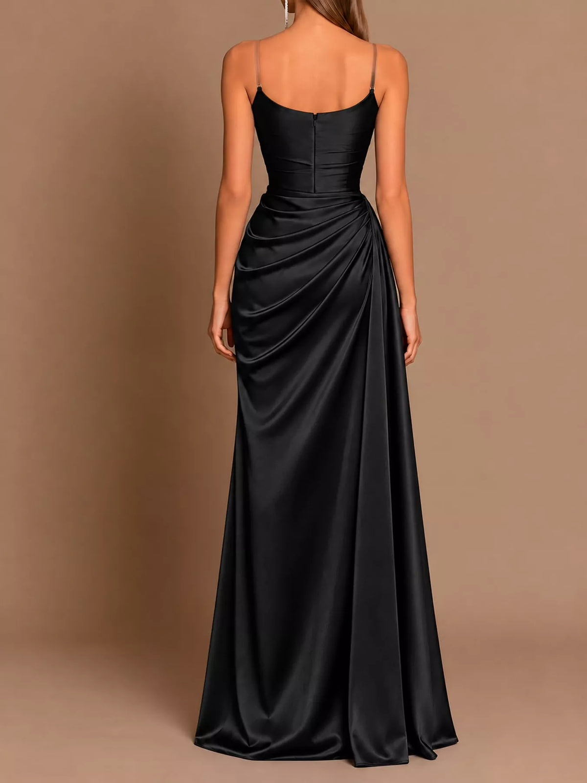 Black satin maxi dress with ruched back and draped flowing skirt