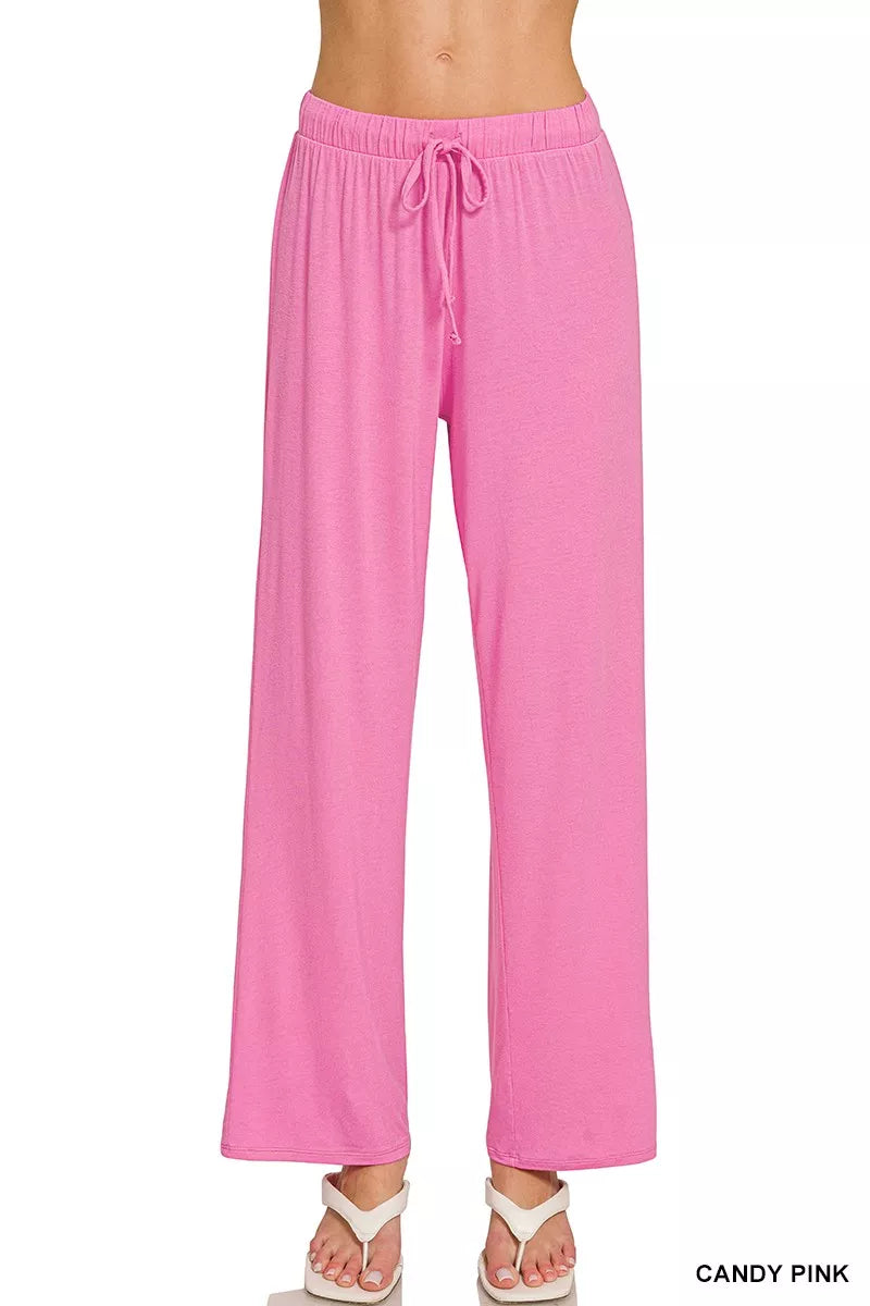Candy pink wide-leg lounge pants with drawstring waist