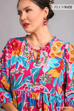 Floral Print Tie Neck Midi Dress with Pockets – Elegant & Chic