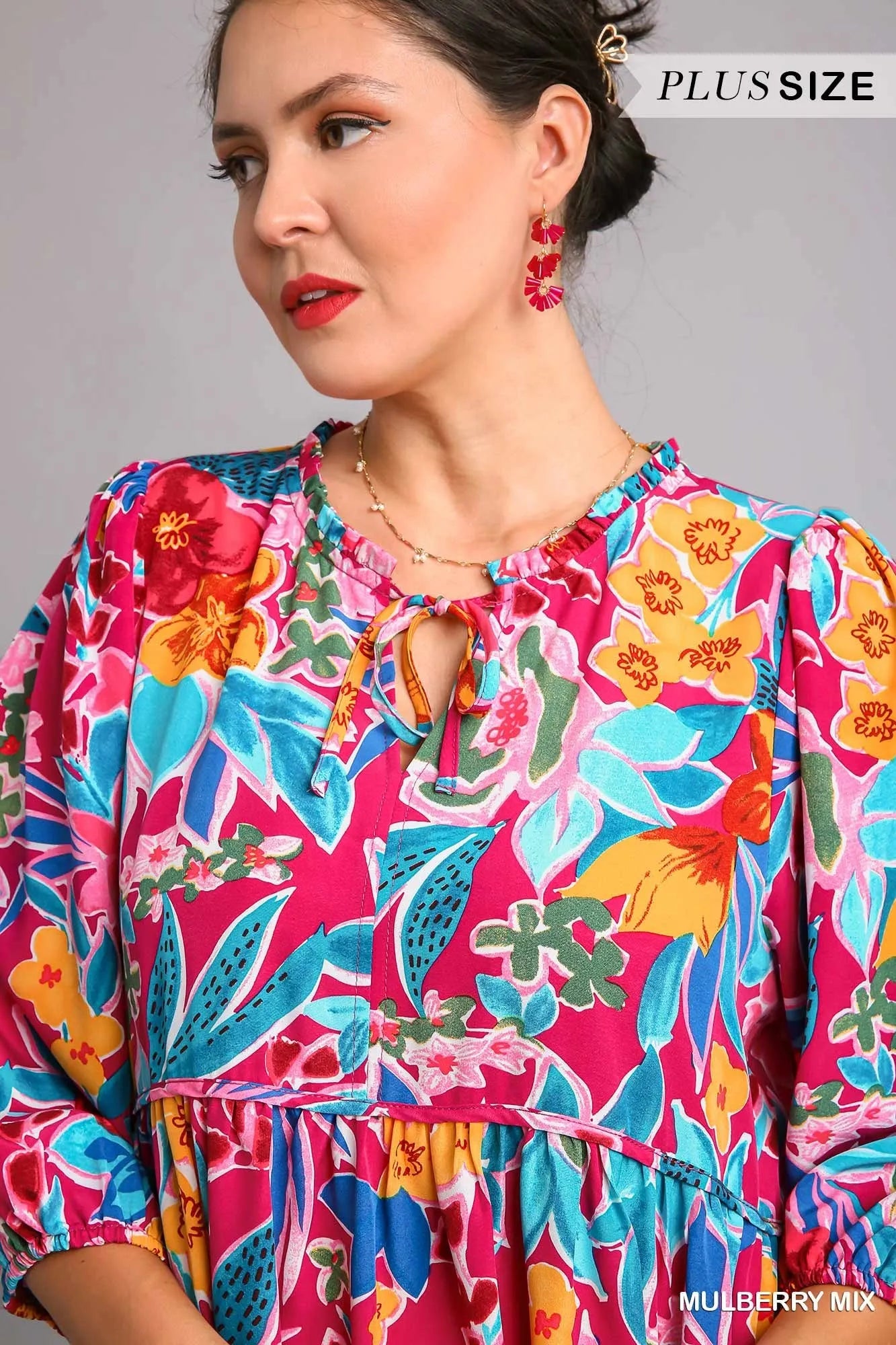 Floral Print Tie Neck Midi Dress with Pockets – Elegant & Chic