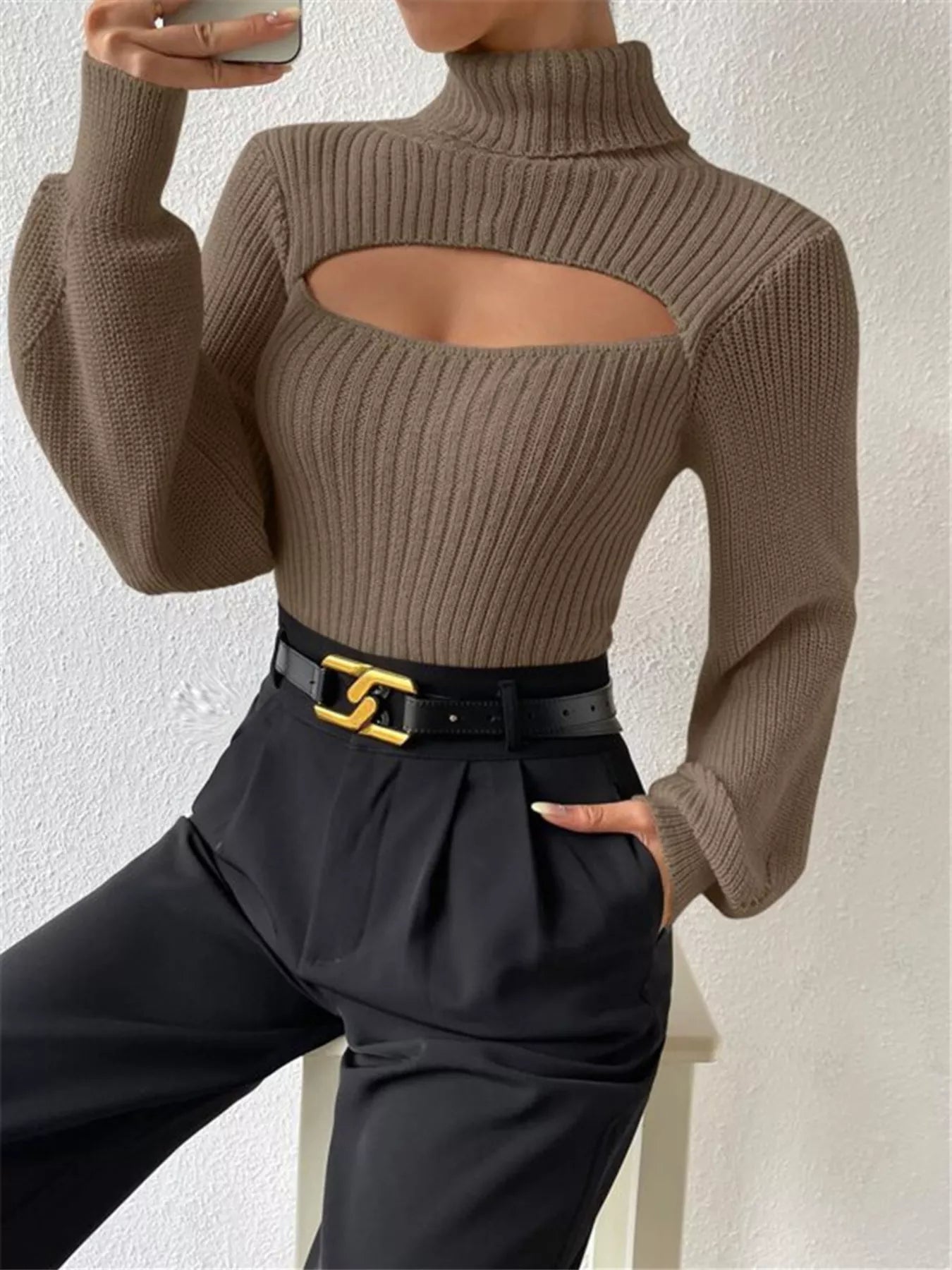 Cutout Front Turtleneck Long Sleeve Sweater – Chic Modern Knit