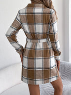 Back view plaid belted shirt dress in khaki-brown, button front, long sleeves, tie waist.