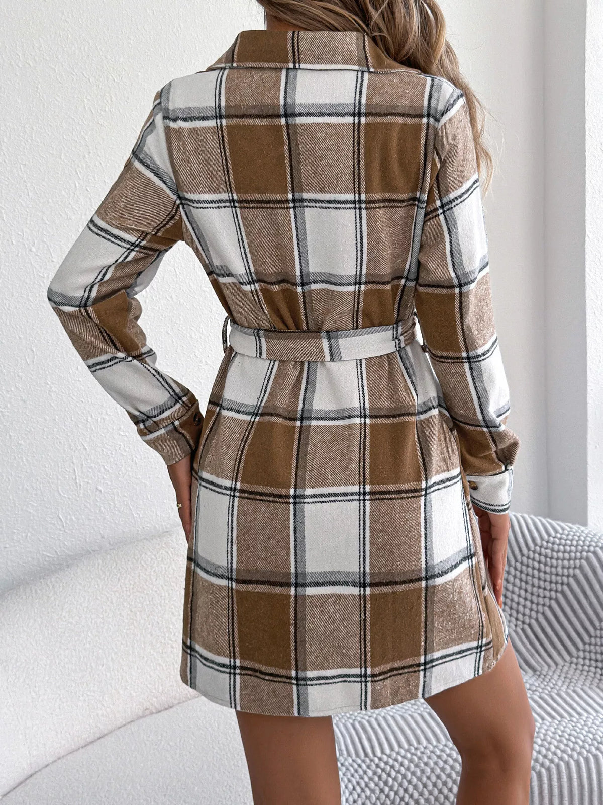 Back view plaid belted shirt dress in khaki-brown, button front, long sleeves, tie waist.