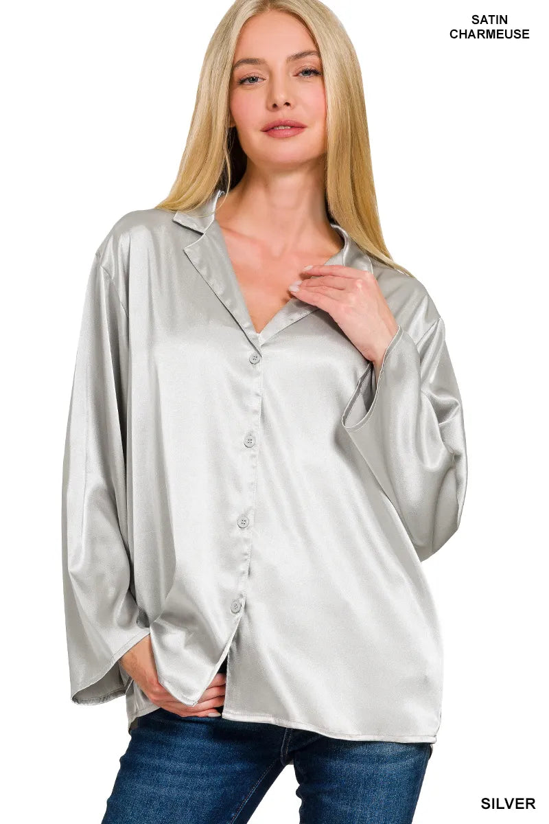 Silver Satin Oversized Blouse Luxe Button Down Elegant Lapel Collar
