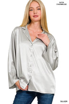 Silver Satin Oversized Blouse Luxe Button Down Elegant Lapel Collar