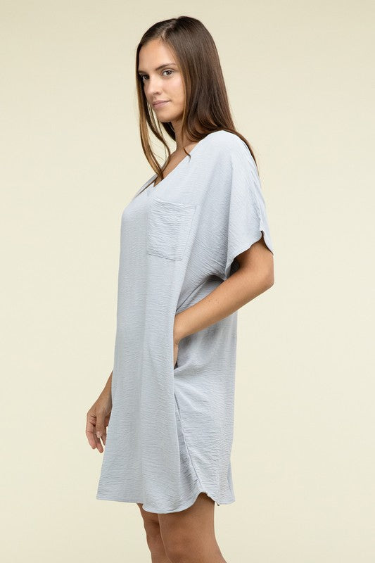 Zenana Woven Airflow V Neck T-Shirt Dress with Pockets
