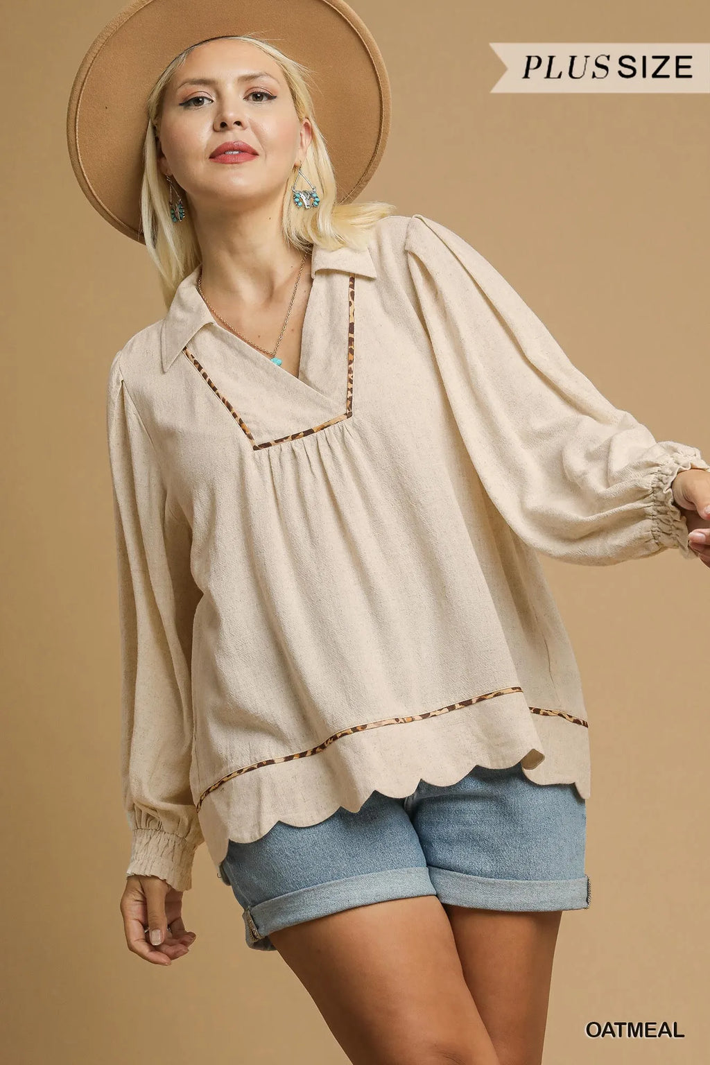 Linen Scallop Hem Blouse Contrast Trim Women’s Chic Casual Plus Top