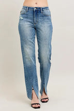 Women's high-waist straight jeans in blue vintage wash, front seam with leg slit hems