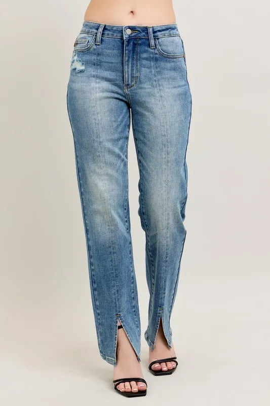 Women's high-waist straight jeans in blue vintage wash, front seam with leg slit hems