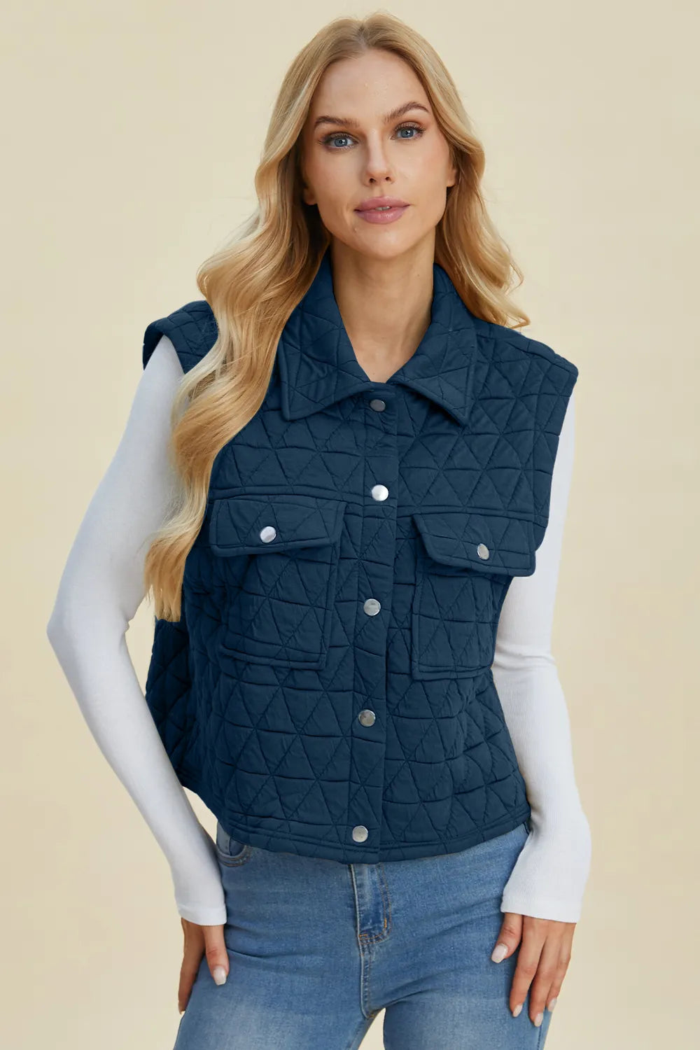 Double Take Full Size Snap Down Textured Vest Coat with Pockets