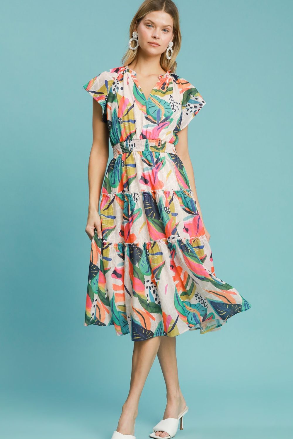 Umgee Leaf Print Cap Sleeve Tiered Midi Dress