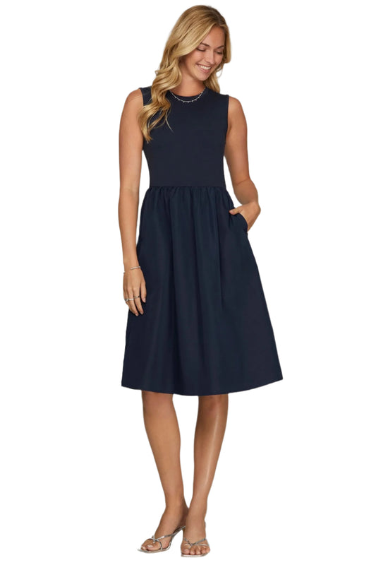 She + Sky Sleeveless Poplin Woven Midi Dress with Pockets