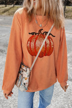 Sequin Pumpkin Round Neck Long Sleeve Sweatshirt – Festive Fall Style
