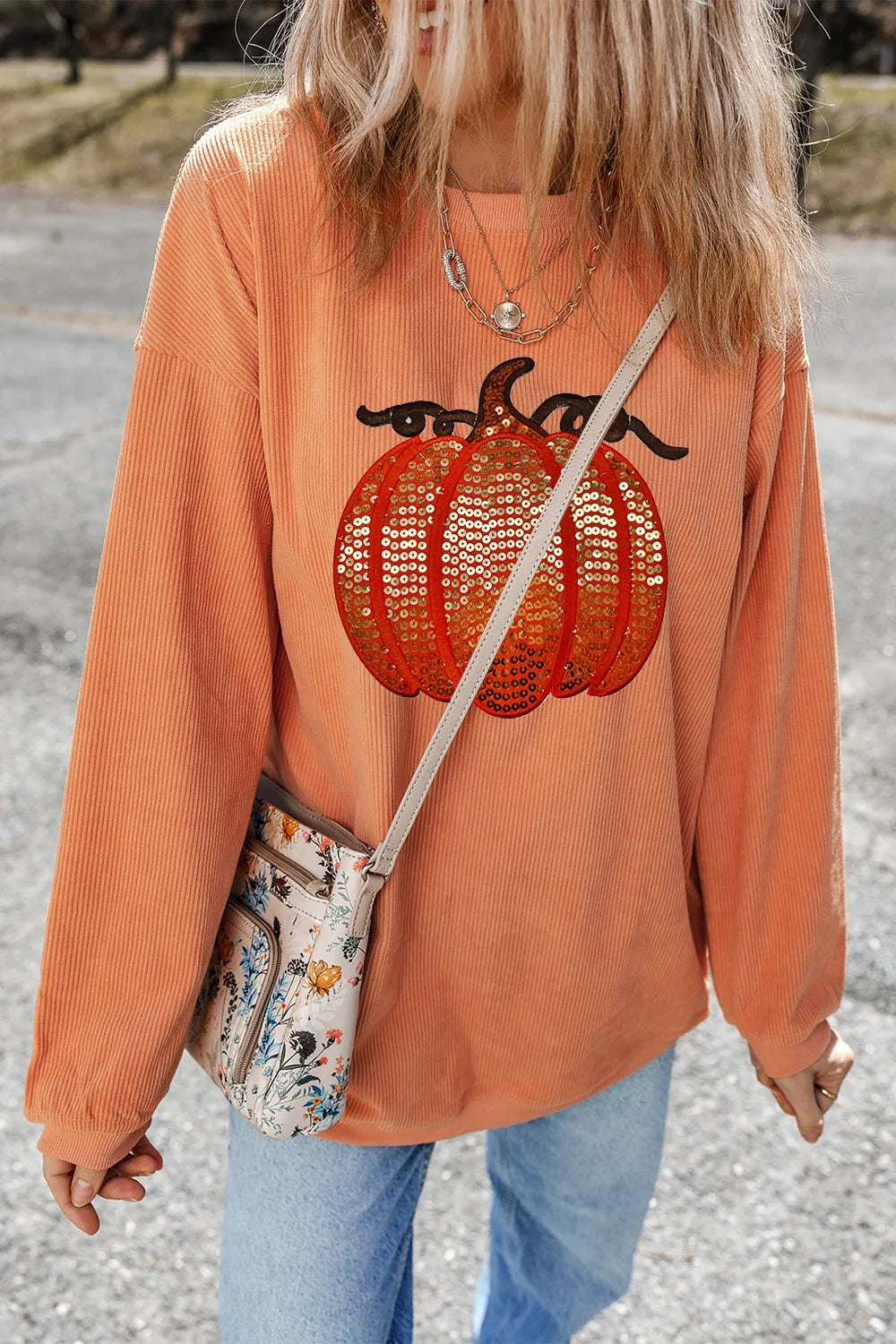 Sequin Pumpkin Round Neck Long Sleeve Sweatshirt – Festive Fall Style