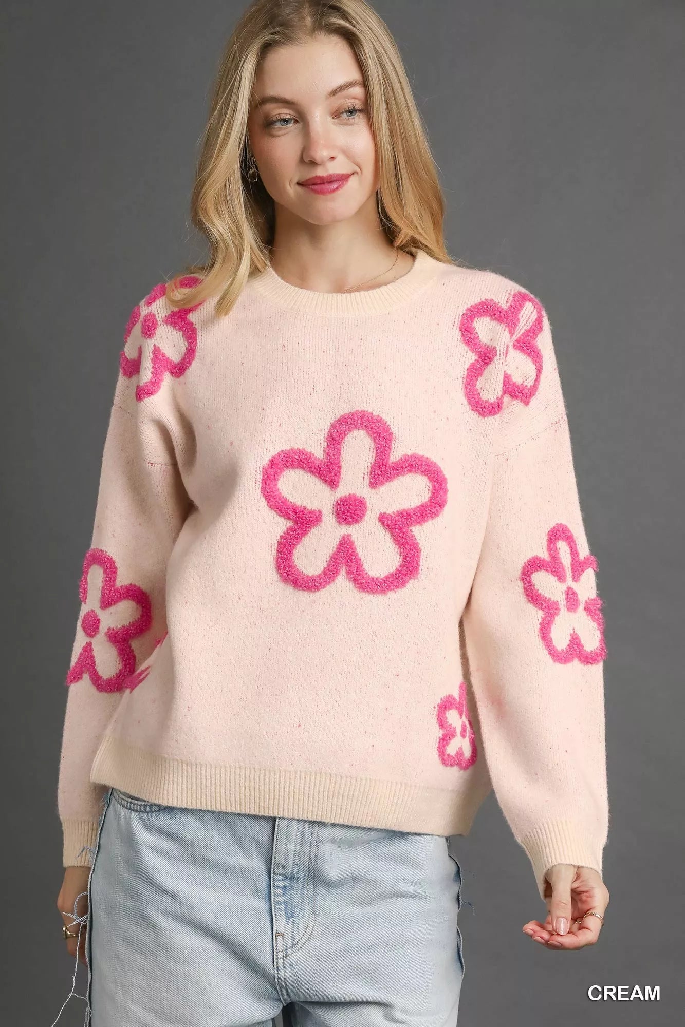 Umgee Round Neck Sweater with Pink Floral Accents – Feminine & Stylish Knit