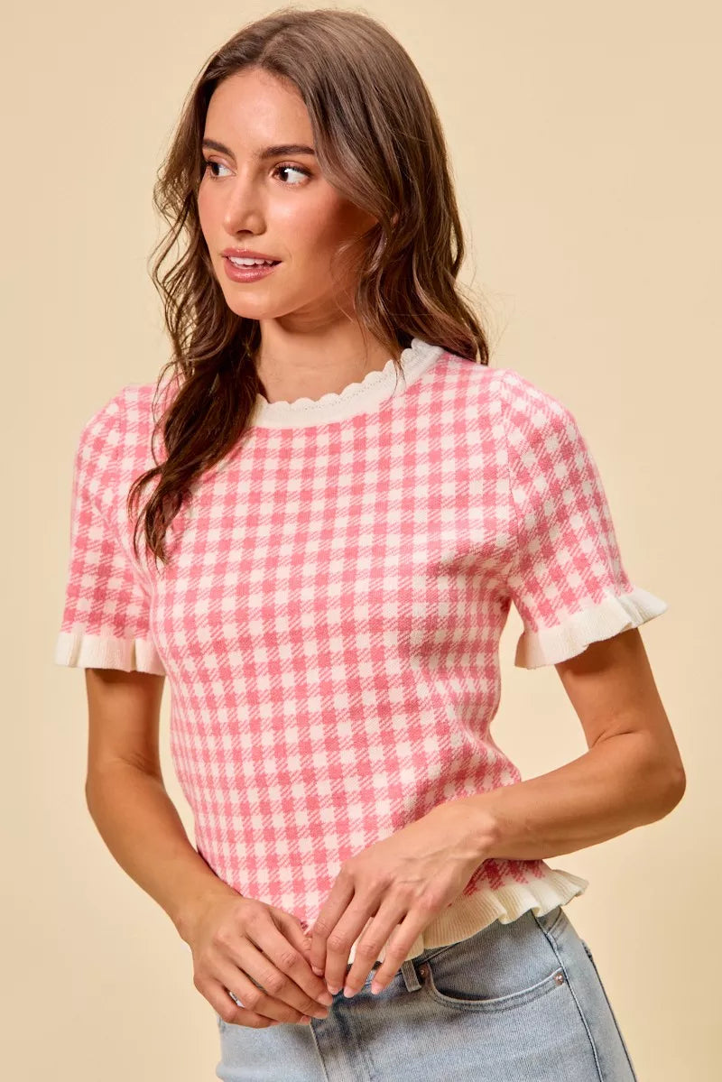 Pink gingham knit short-sleeve sweater top with ruffled cuffs and white scalloped collar