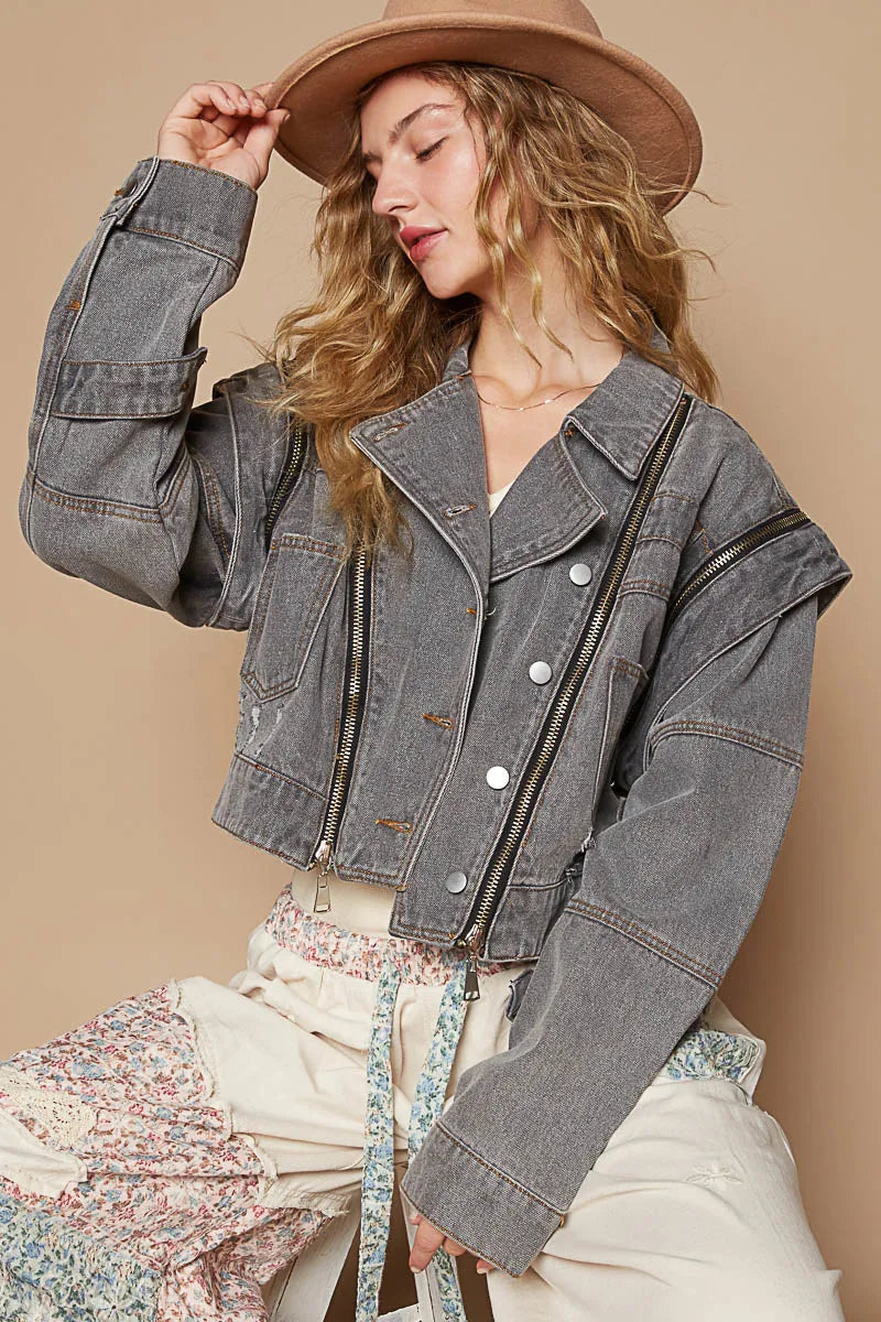 Cropped Denim Jacket – POL with Functional Zipper & Edgy Style