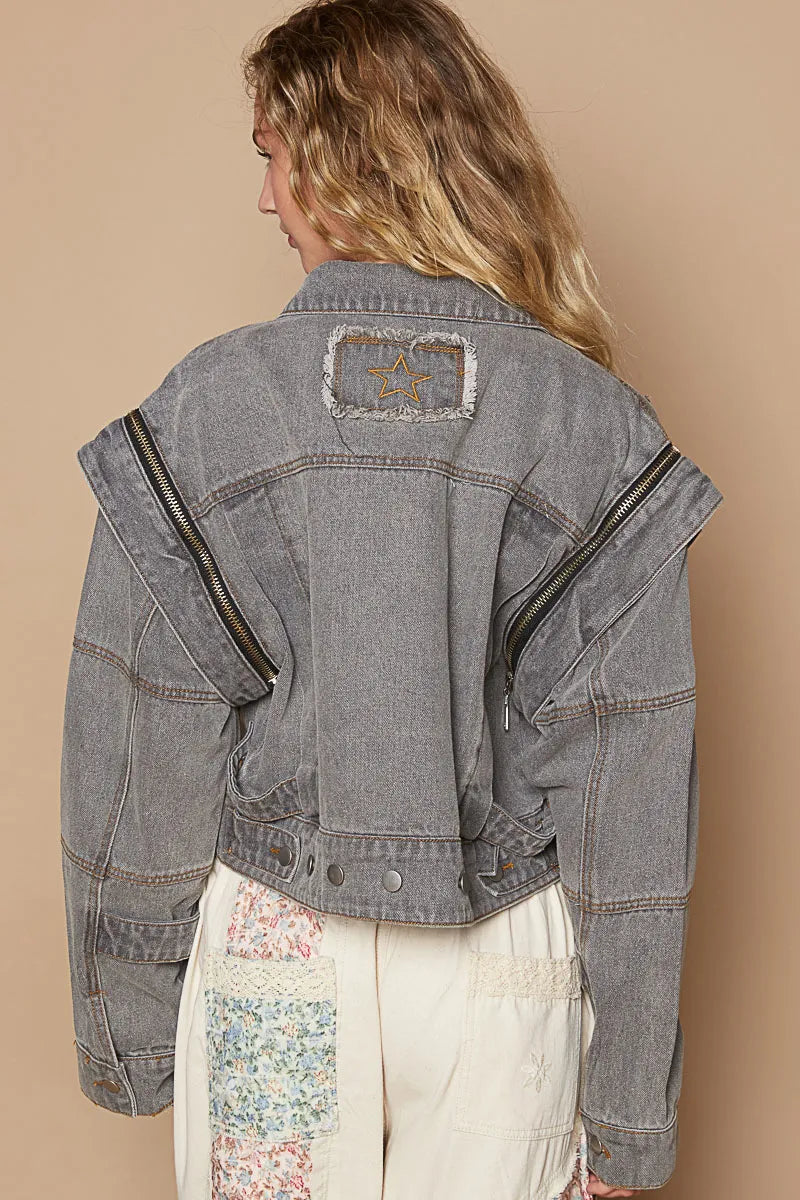 Cropped Denim Jacket – POL with Functional Zipper & Edgy Style