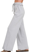 Heather Gray Wide-Leg Pants – High Waist, Drawstring & Cotton Blend