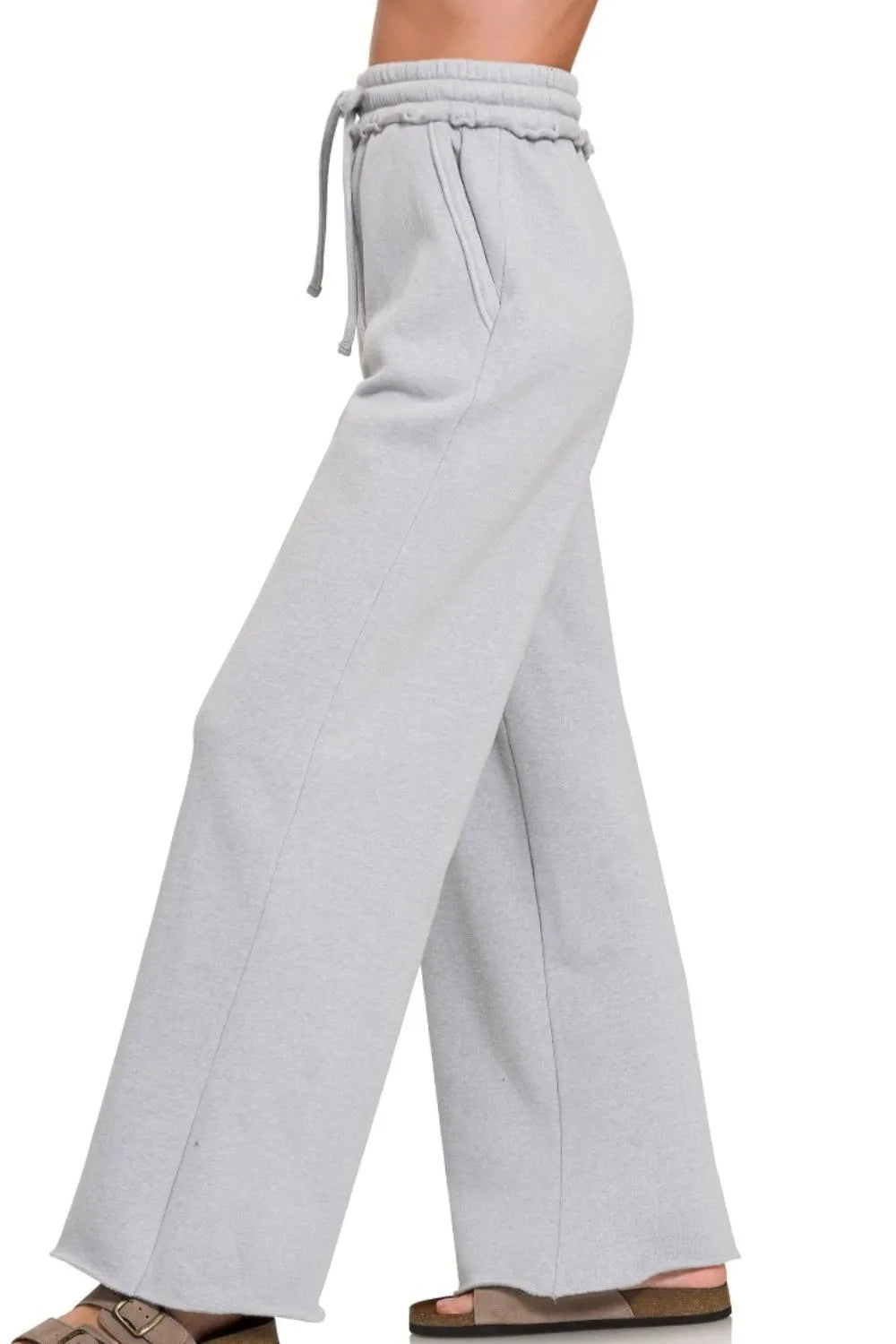 Heather Gray Wide-Leg Pants – High Waist, Drawstring & Cotton Blend
