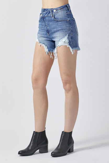 Risen Raw Hem Asymmetrical Waist Denim Shorts